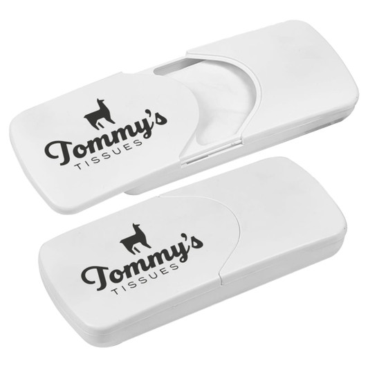 A white car sun visor tissue box featuring a logo, with a hinged lid and tissues visible inside.