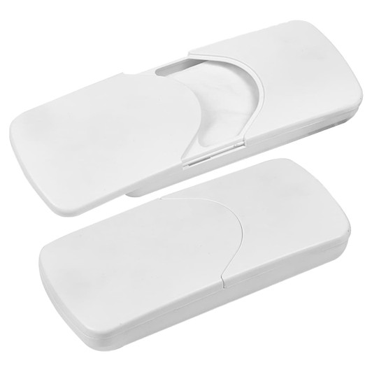 A white car sun visor tissue box with a hinged lid, suitable for holding tissues. It features a logo.