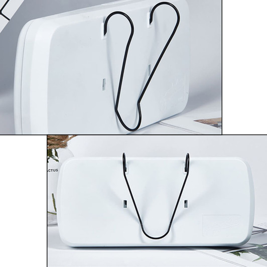 A white car sun visor tissue box with a black elastic holder on the back for attachment. Includes a branding logo.
