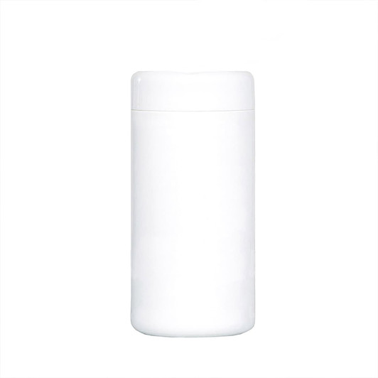 A white cylindrical container for wet tissues, featuring a removable lid, suitable for cleaning surfaces.