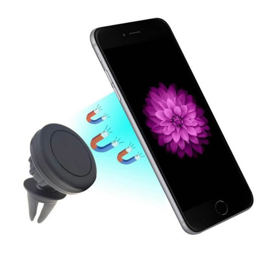 A black car mobile holder is positioned next to a smartphone displaying a flower on its screen.