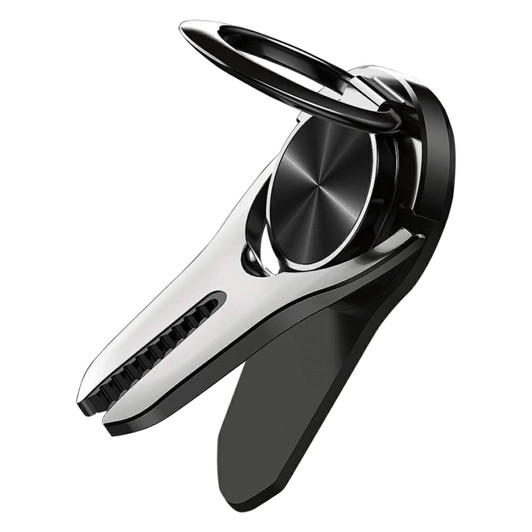 A black and silver car vent phone holder ring with a circular grip and adjustable clamp. It features a logo.