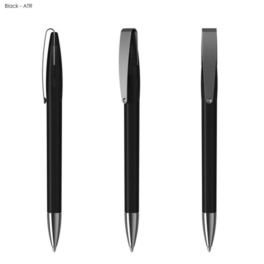 A plastic pen in black, featuring a shiny metal clip and silver accents, showcasing three different angles.