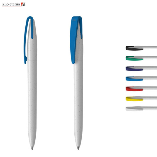 A plastic pen in grey with a blue clip, alongside a selection of ink colours: black, blue, green, red, purple, and yellow.