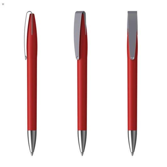 A red plastic pen featuring a silver clip and tip, presented in three angles.
