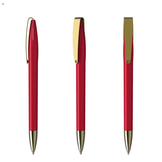 A red metal pen with a gold clip, displayed in three orientations. The pen features a smooth design with a shiny finish.
