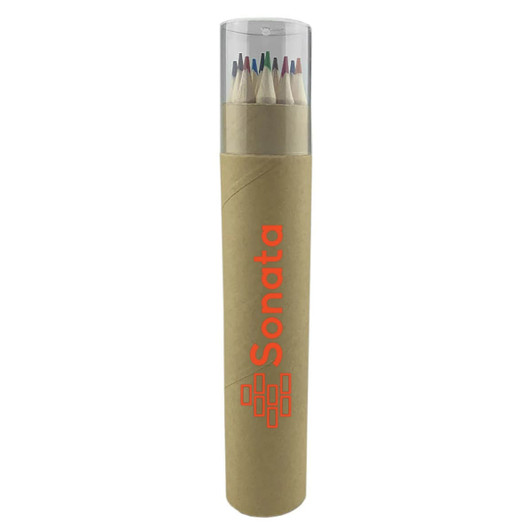 A cylindrical tube containing coloured pencils in various hues, with a clear lid and a logo on the side.
