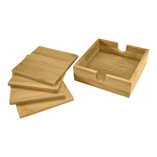 A set of four natural bamboo coasters with a matching storage box, showcasing a light brown hue.