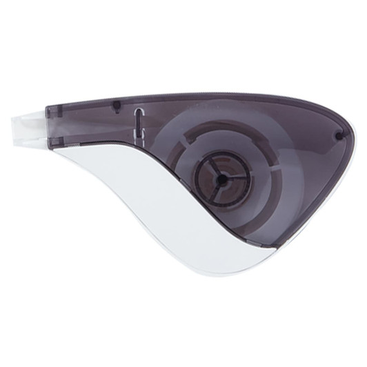 A correction tape dispenser in a sleek design, featuring a grey and white colour scheme. Includes a branding logo.