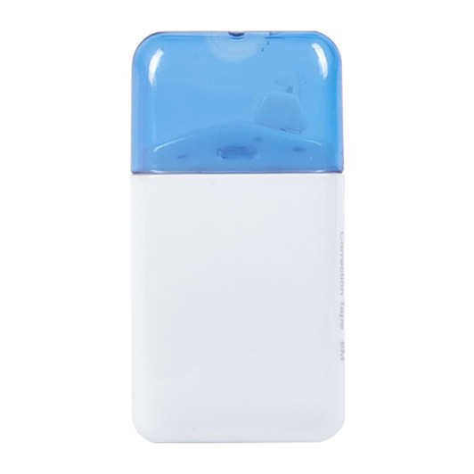 A correction tape dispenser with a blue top and white body. It features a logo on the front.