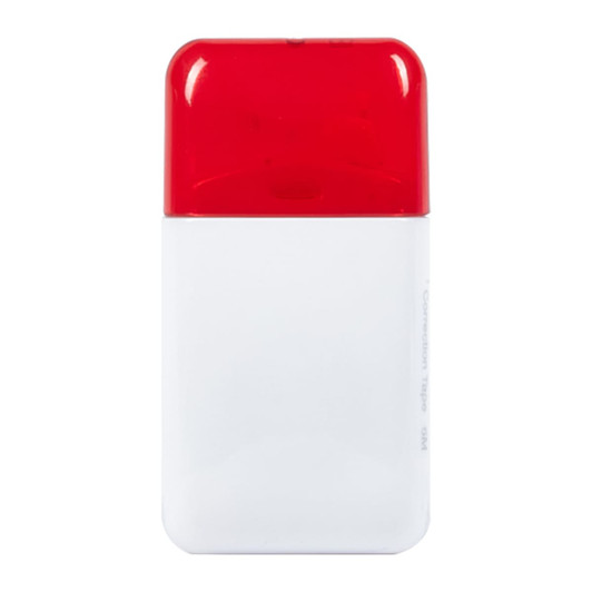 A correction tape dispenser with a white base and a red cap, featuring a logo on the front.