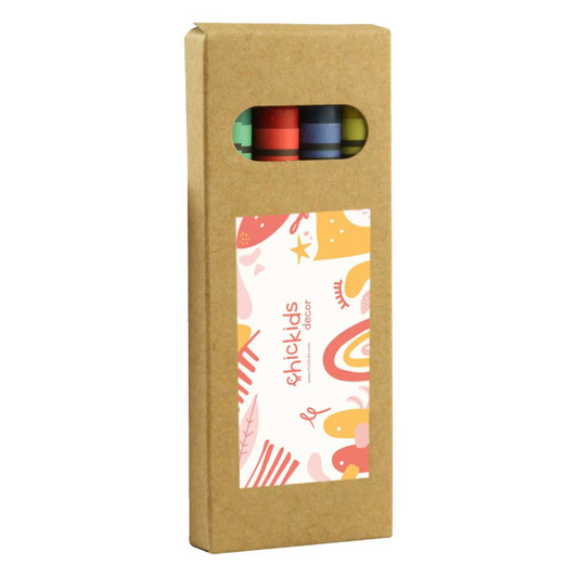 A crayon set with green, blue, red, and yellow crayons, packaged in a cardboard box with a window and colourful design.