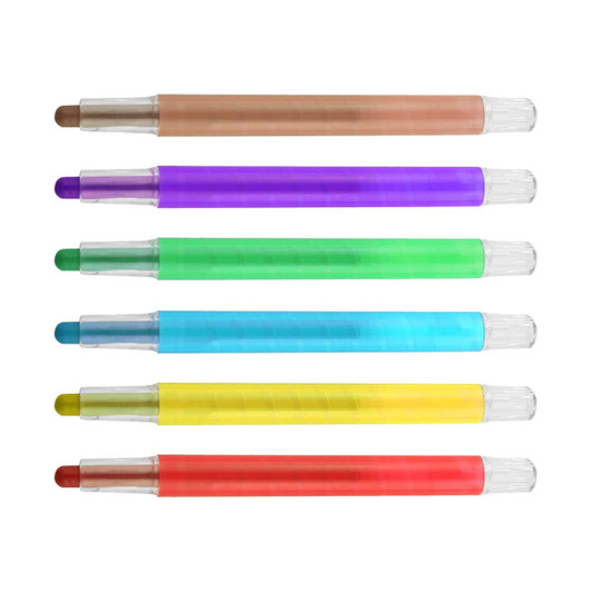 A set of six twist crayons in brown, purple, green, teal, yellow, and red, featuring clear plastic caps.