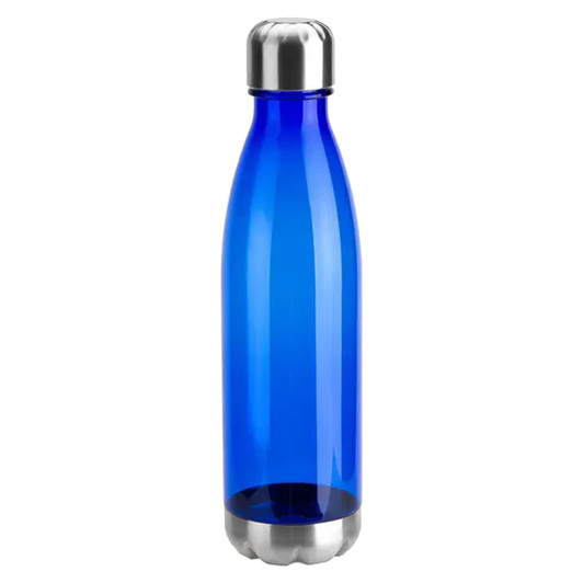 A drink bottle featuring a sleek blue plastic body and a stainless steel cap, with a logo present.