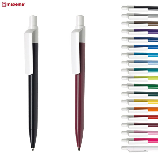A set of plastic pens in black and burgundy, alongside a variety of other coloured pen options. Each pen has a clip and a logo.