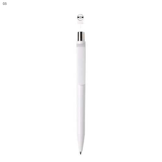 A white plastic pen with a silver clip and a smooth barrel, featuring a logo near the top.