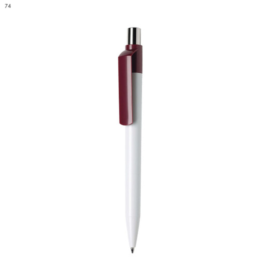 A plastic pen with a white body and a maroon clip, featuring a sleek design and a silver tip.