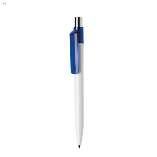 A white plastic pen with a blue clip and a silver top, featuring a logo on the clip.