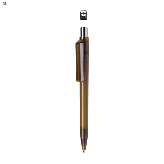 A plastic pen in a transparent brown colour with a silver accent and a clip. It features a brand logo.