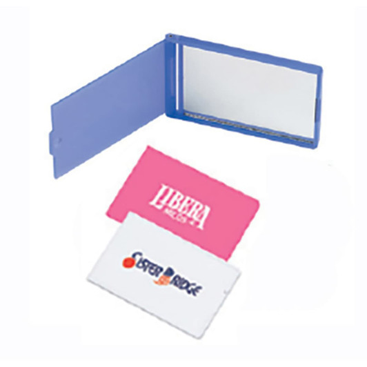 A mirror with a solid purple case, accompanied by two colourful card inserts, one pink and one white.