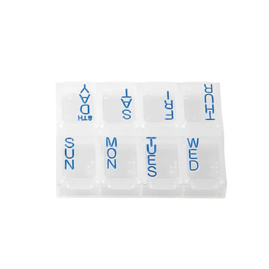 A clear plastic pill box with compartments labelled for each day of the week, featuring blue text.