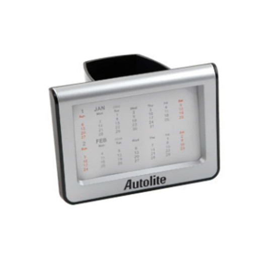 A silver pen holder featuring a calendar display for January and February. It has a branding logo on the front.