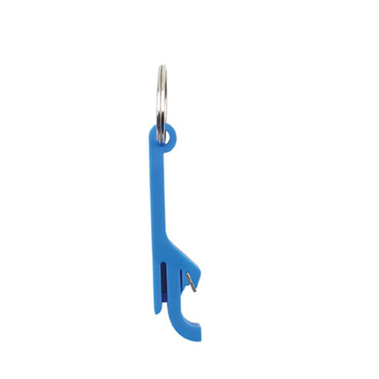 A drink bottle opener in blue, featuring a keyring attachment and a sleek design. It includes a logo.