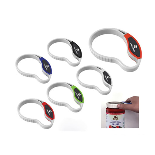 A set of six multi-coloured jar openers in various sizes, featuring a logo on the handle.
