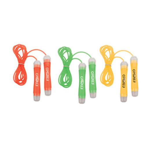 A set of rope skipping devices in red, green, and yellow with corresponding ropes and a logo on the handles.