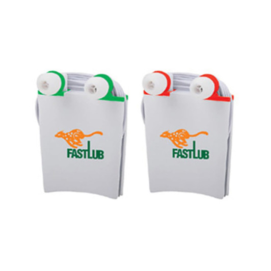 Earbuds in a case, featuring a white finish with green and red accents, and a logo on the front.