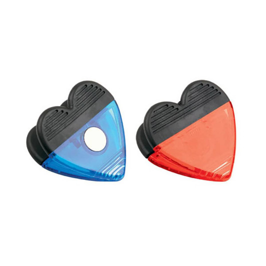 Heart-shaped clips with magnets, featuring one blue and one red clip, both with a black base.