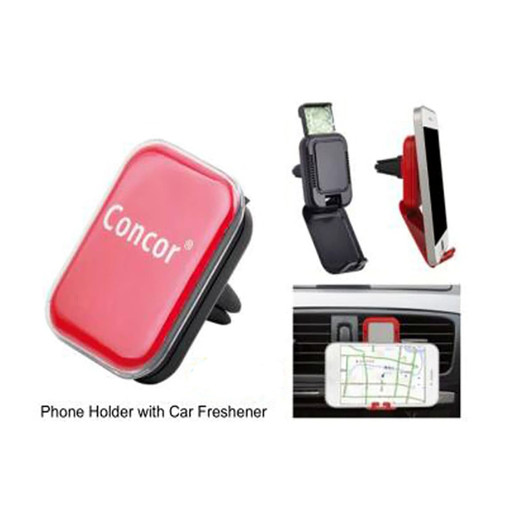A red and black mobile holder with an air freshener, designed to secure a phone in a car. Includes a logo.