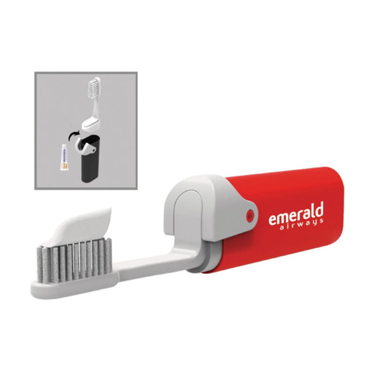 A foldable toothbrush with a red handle and grey bristles, featuring a logo. It is compact and portable.