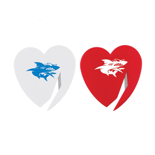 A pair of heart-shaped letter openers in white and red, featuring a logo on each.