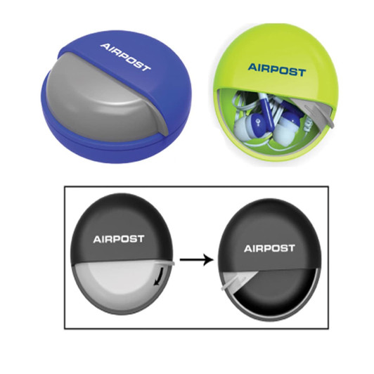 Earbuds in a case, featuring blue and green colours, with a black option shown in a side illustration.