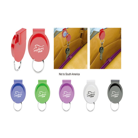 A selection of Handy Hooks in red, green, purple, white, and black, featuring keyring attachments. Each has a logo.