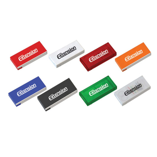 A collection of eight rectangular erasers in various colours: blue, red, green, orange, black, and white, each with a logo.