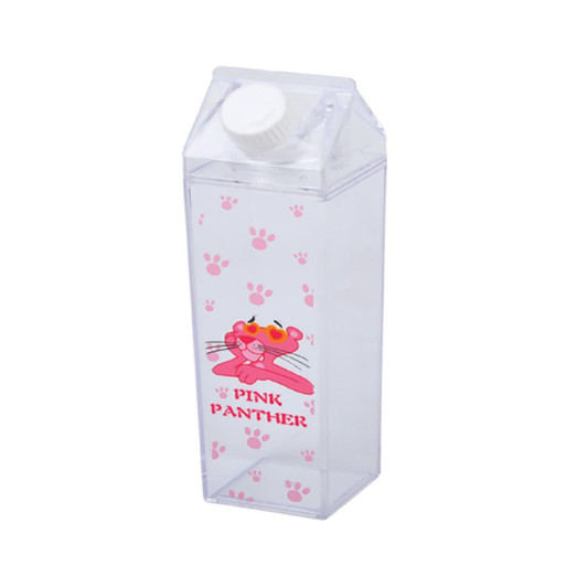 A drink bottle shaped like a milk carton, clear with pink accents and a cartoon character, featuring a logo.