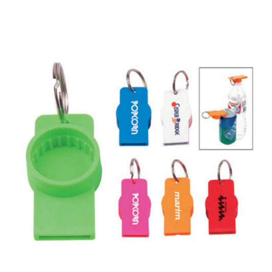 A drink bottle opener in green with a keyring, alongside other coloured bottle openers in red, blue, pink, and white.