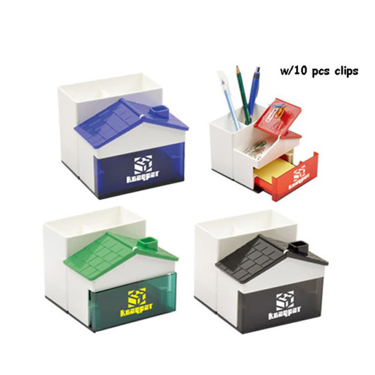 A pen holder with memo holder featuring coloured roofs, available in blue, green, black, and white, with clips included.