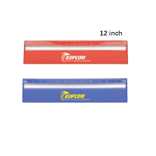 A 30cm ruler in red and blue, featuring a magnifying section and a logo.