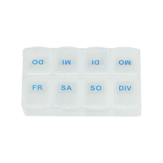A white pill box with compartments labelled for each day of the week and "DIV" for divide. It has a simple design.