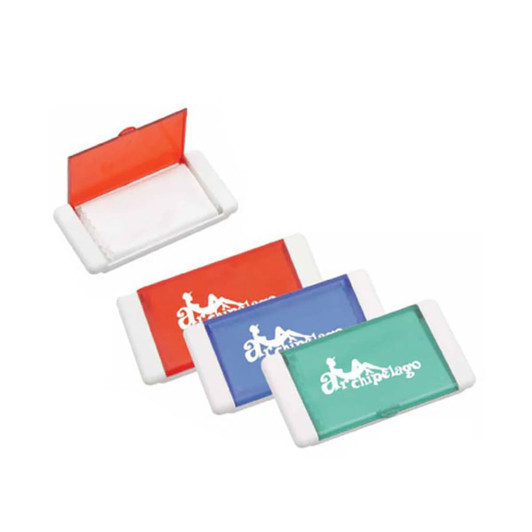 A set of four glasses cleaners in red, blue, and green cases, with white cleaning cloths inside each. Each case features a logo.