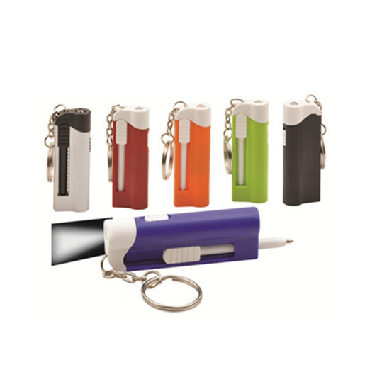 A collection of ball pens with LED lights in various colours, featuring keychain attachments and a branding logo.