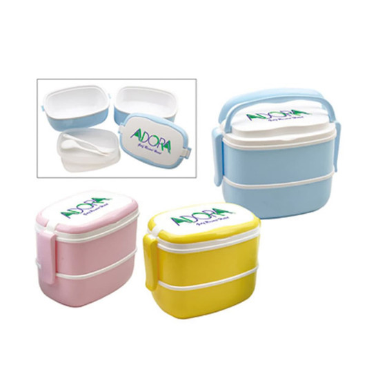 A 2 layer lunch box in pink, blue, and yellow with a handle and branding on the lid.
