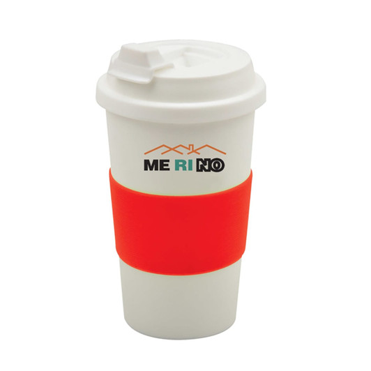 A white coffee cup with a red silicone grip, featuring a logo on the front. Ideal for beverages on the go.