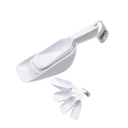 A set of white measuring scoops, featuring multiple sizes, with a loop for easy storage. It has a logo.
