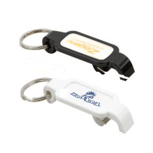 A drink bottle opener in black and white, featuring a keyring and a logo on each piece.