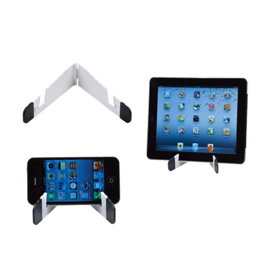 A mobile stand in white and black, designed to hold phones and tablets at various angles.