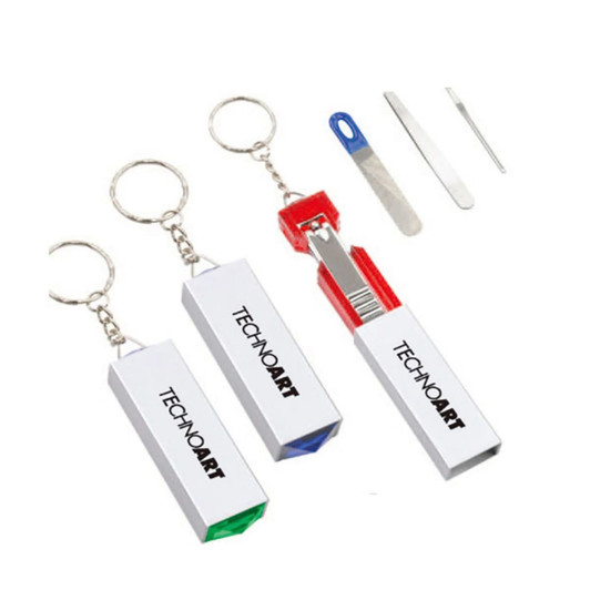 A manicure set featuring a nail clipper, file, and keychain tools in red, green, and blue with a logo.